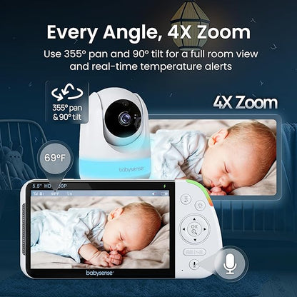 Babysense PRO Full HD 5.5" Split Screen Baby Monitor with Camera and Audio, 6-Color Night Light, White Noise, Sound & Light Machine, 20-Hour Battery, Hack-Proof Non-WiFi Secure Connection