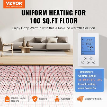 VEVOR Floor Heating Mat,100Sq.ft. 14℉-113℉ Electric Radiant Floor Heated Warm System with Digital Floor Sensing Thermostat, 110-120V Includes Installation Monitor, Adhesive Back for Easy Installation