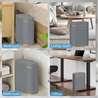 Ogikey Bathroom Small Trash Can with Automatic Touchless Lid, 2.6 Gallon Smart Garbage Can Narrow Waterproof Trash Bin for Bedroom, Office, Living Room