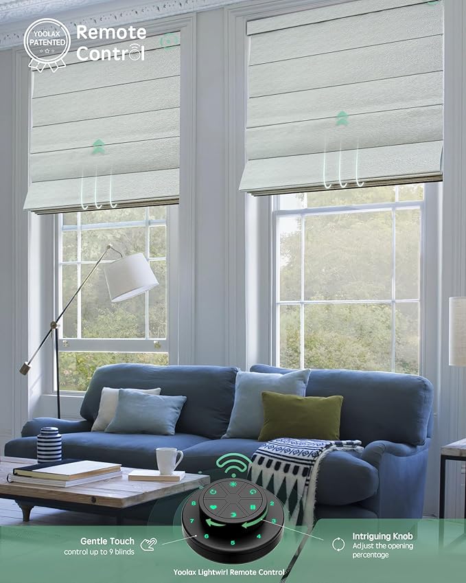 Yoolax Motorized Roman Shades with Remote, Smart Roman Shades for Windows, Blackout Automatic Blinds Work with Alexa, Google, Apple Homekit for Living Room Bedroom, Customized (Foggy Thread)