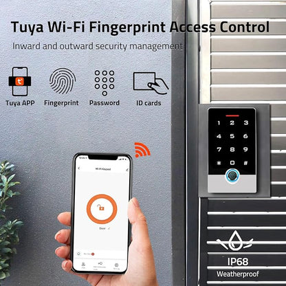 Wireless WiFi TUYA Access Control System, Fingerprint Password Stand-Alone Door Access Control Keypad with ID Keyfob, WG26/34 EM Card Reader Access Controller, Full Metal Weatherproof, Backlight