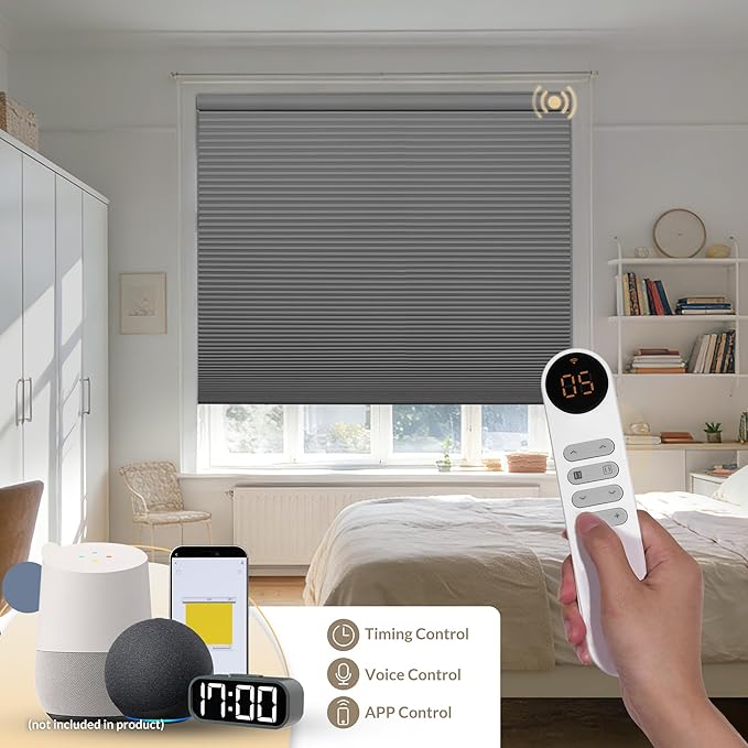 Boolegon No Drill Motorized Cellular Blinds with Remote Motorized Blackout Honeycomb Blinds for Indoor Windows Easy to Install Automatic Cellular Shades for Home,Blackout Light Gray,Custom Size