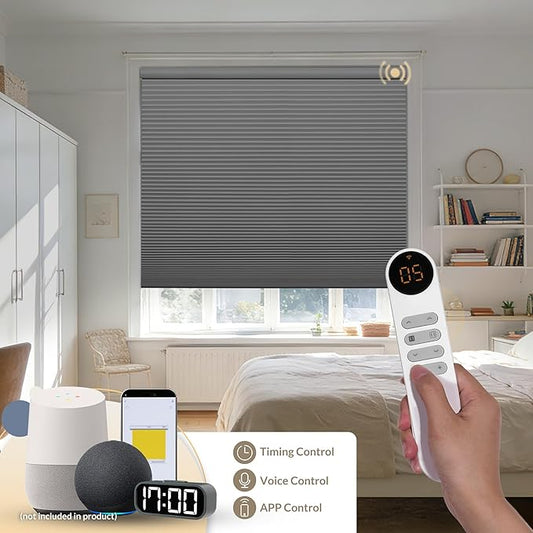 Boolegon No Drill Motorized Cellular Blinds with Remote Motorized Blackout Honeycomb Blinds for Indoor Windows Easy to Install Automatic Cellular Shades for Home,Blackout Light Gray,Custom Size