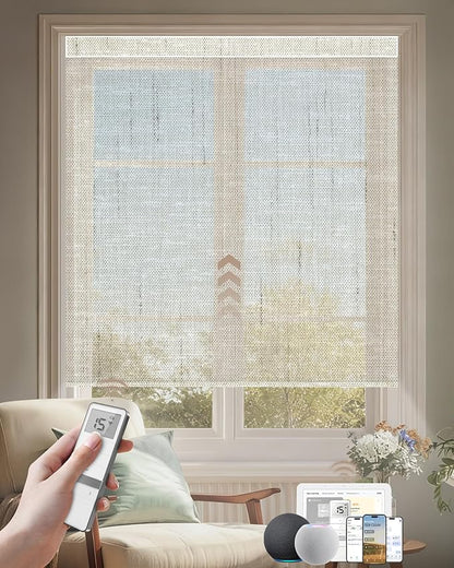 Kincmo Motorized Blinds with Remote, Light Filtering Roller Shades Work with Apple Homekit,Alexa,Google Home, Custom Electric Blinds with App,Voice Control (50% Blackout Sheer Beige)