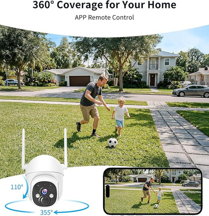 2K Solar Security Cameras Wireless Outdoor, 360° View Outdoor Camera for Home Security with Color Night Vision, Battery Powered, AI PIR Detection, Spotlight Siren Alarm, Only 2.4Ghz WiFi