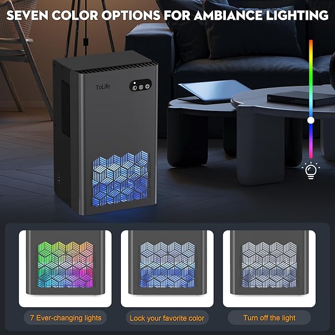 ToLife Dehumidifier for Home 95 OZ Water Tank, 1000 sq.ft Dehumidifiers for Basement Bathroom Bedroom with Auto Shut Off 7 Colors LED Light, Grey