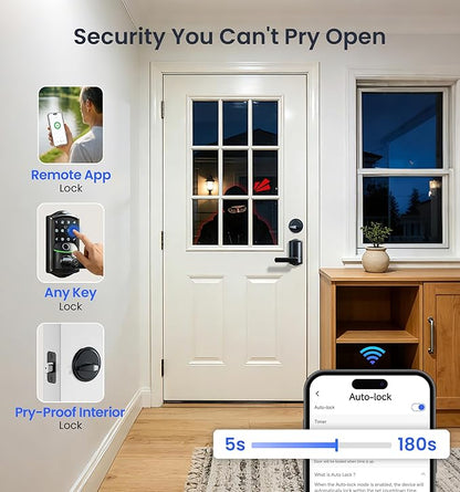 Veise VE029-E Wi-Fi Smart Lock with Handle & Non-Keyed Deadbolt, Fingerprint Keyless Entry Lock for Front Door, APP Remote Control, Keypad Electronic Digital Knob, IP65 Waterproof, Matte Black