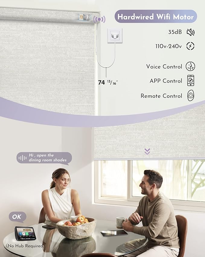 Graywind Smart Blackout Roller Shades Work with Alexa Google WiFi Hardwired Textured Fabric Motorized Blinds Remote Window Shades, Custom Size (Metallic Fuscous Grey)