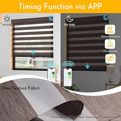 Persilux Motorized No Drill Zebra Smart Shades with Remote Smart Zebra Blinds,Non Drill, Light Filtering, Dual Layer,Compatible with Alexa, Texture Fabric, Custom Sizes,Bella Brown,RS20287-16