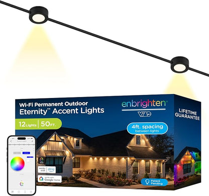 Enbrighten Accent Permanent Outdoor Lights, 50ft, 12 Lights, Smart | Black Cord, RGBWIC LEDs, Weatherproof, Cuttable, Link to 200ft, Christmas, App Control, Works with Alexa & Google Home