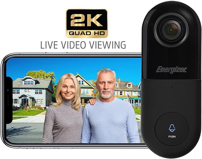 Energizer Smart 2K Doorbell & Chime, Wired Video Doorbell Security Camera, 2-Way Audio, Night Vision, Cloud & Micro SD Storage, Remote Access App, Motion Sensor, Live Viewing, Requires Existing Wires