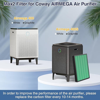 400/400S Replacement Filter for Coway AIRMEGA Max2 400 400S 400(G) 400S(G) Air Purifie-r, Max2 Green HEPA and Active Carbon Filter Set, AP-2015-FP, 2 Set