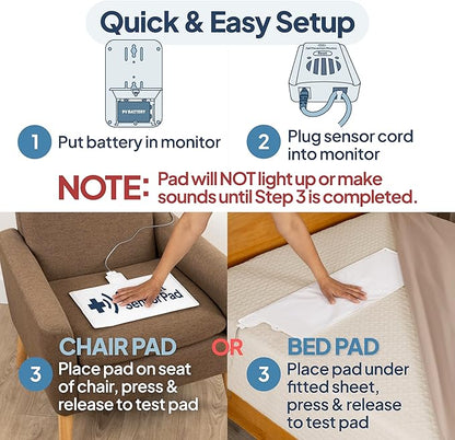 Smart Caregiver® Bed and Chair Exit Alarm System for Fall/Wandering Prevention – Know When They get up! Includes Monitor with 10in x 30in Bed Sensor Pad and 10in x 15in Chair Sensor Pad