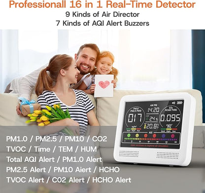 16-in-1 Indoor Air Quality Monitor with PM1.0,PM2.5,PM10,CO2,HCHO,TVOC,Temperature,Humidity,Time Display &7 AQI Alarms – Professional Air Quality Tester for Home, Office & Indoor Use (Ivory White)