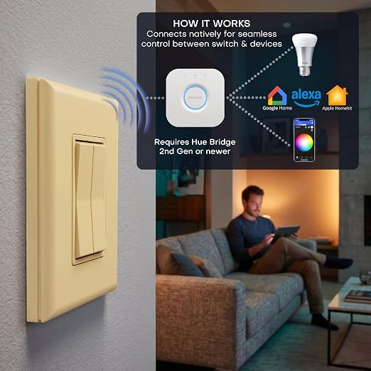 RunLessWire Click for Hue Battery-Free Wireless Smart Switch 3 Pack Ivory | Dimmable Kinetic Switch Pairs Natively to Philips Hue Bridge, 4 Programmable Buttons to Control Scenes & Areas, 100ft Range