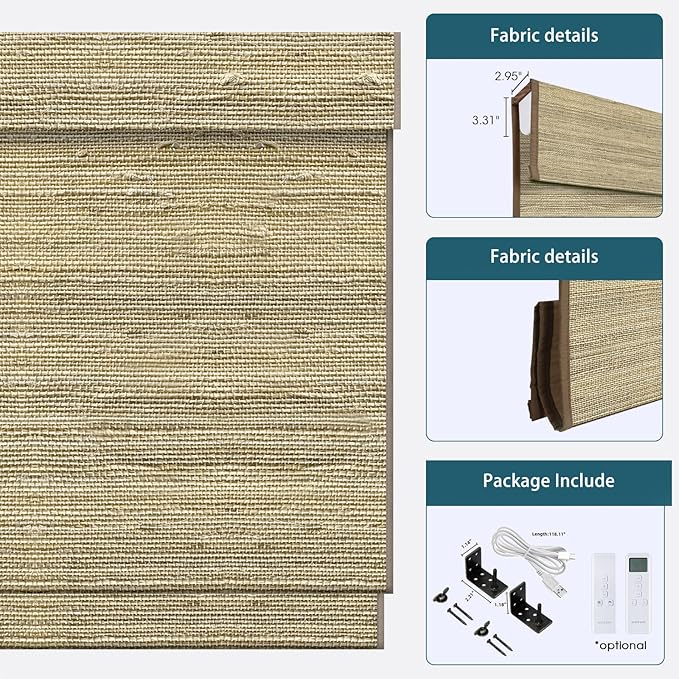 Motorized Roman Shades with Remote,Wooden Blinds Compatible with Alexa/Google/Apple Homekit,Natural Woven Wood Blinds,Customized Size,Crocheting Pale Yellow