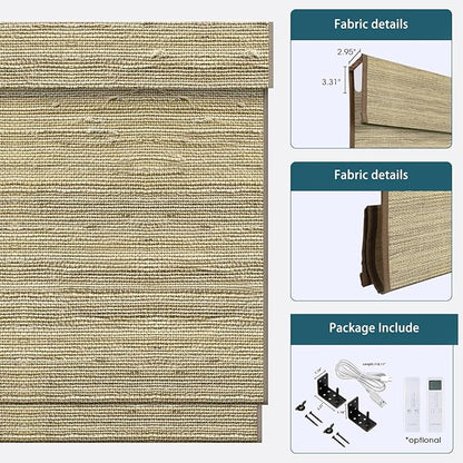 Motorized Roman Shades with Remote,Wooden Blinds Compatible with Alexa/Google/Apple Homekit,Natural Woven Wood Blinds,Customized Size,Crocheting Pale Yellow