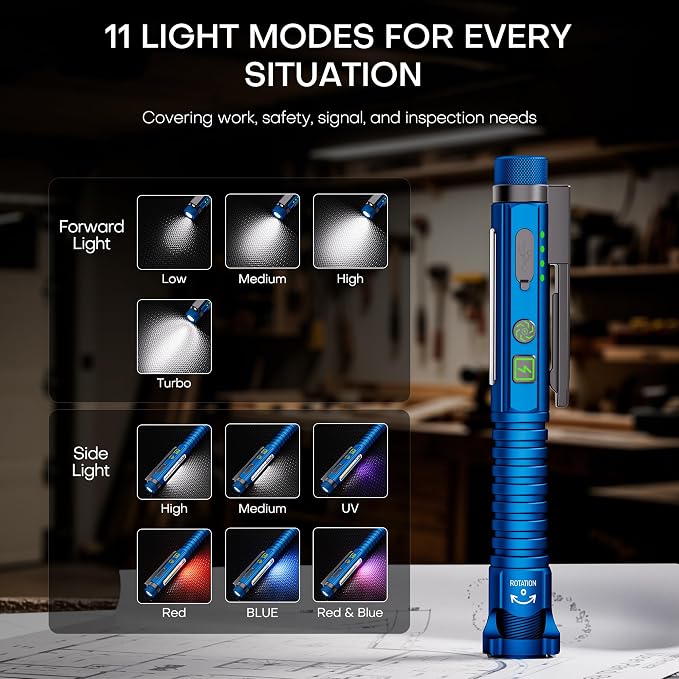 EDC Flashlight Rechargeable,800 Lumen Small Flashlight with Magnetic Clip & Base, 11 Modes LED Flashlight,Glass Breaker&Bottle Opener, USB-C Flashlight for Working,Home and Emergency