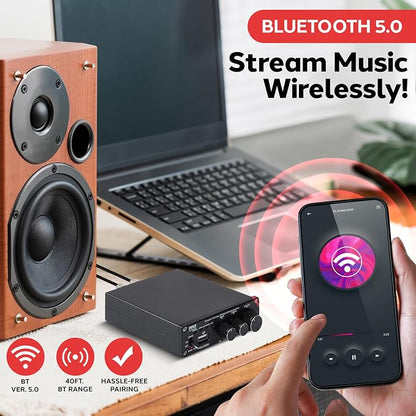 Pyle 2.1 CH Wireless Stereo Power Amplifier - 200W Bluetooth Mini Amp with USB Player, RCA Input, Subwoofer Output, Bass and Treble Control, Compact Audio Streaming Amp
