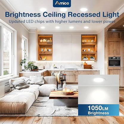 Amico 48 Pack 6 Inch 5CCT Ultra-Thin LED Recessed Ceiling Light with Metal Junction Box, 2700K-5000K Selectable, 12W Eqv 110W, Dimmable Canless Wafer Downlight with Plastic Trim, 1050 Lumens -ETL&FCC