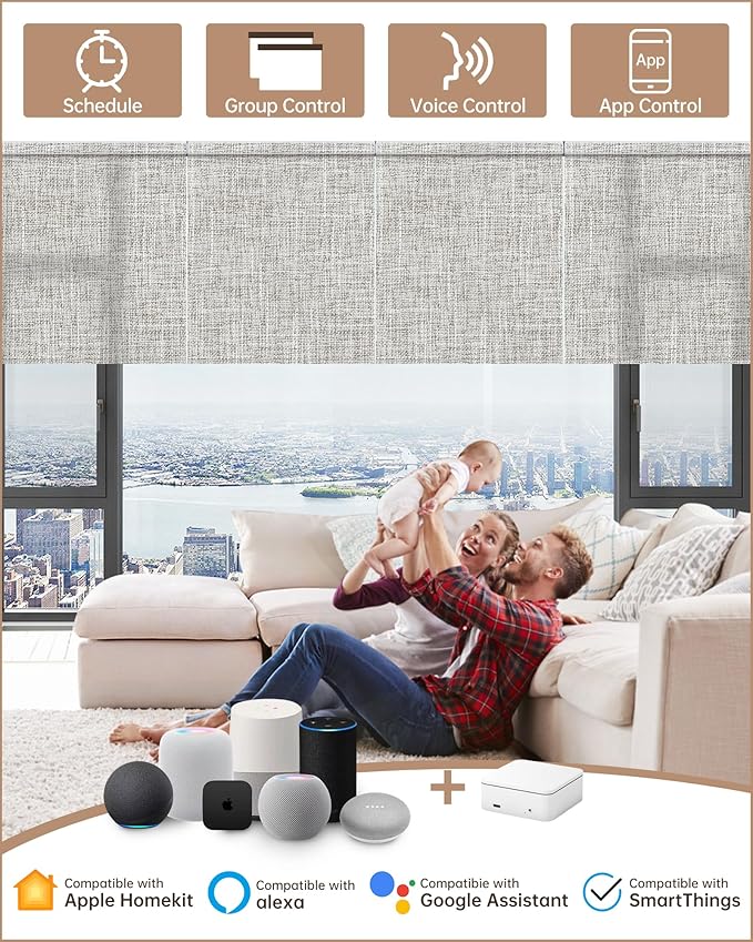 Kincmo Motorized Blinds with Remote, Light Filtering Roller Shades Work with Apple Homekit,Alexa,Google Home, Custom Electric Blinds with App,Voice Control (75% Blackout Mist Ash Grey)