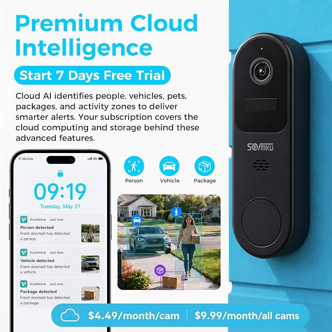 SOVMIKU Vicohome DB3B 2K AI Video Doorbell with Chime, Home Security Battery Camera Wireless, Audible Alarm, Easy to Setup, Human Detection,Two Way Audio, 2.4GHz Wi-Fi, 180 Days Care Plan, No SD Slot