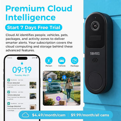 SOVMIKU Vicohome DB3B 2K AI Video Doorbell with Chime, Home Security Battery Camera Wireless, Audible Alarm, Easy to Setup, Human Detection,Two Way Audio, 2.4GHz Wi-Fi, 180 Days Care Plan, No SD Slot