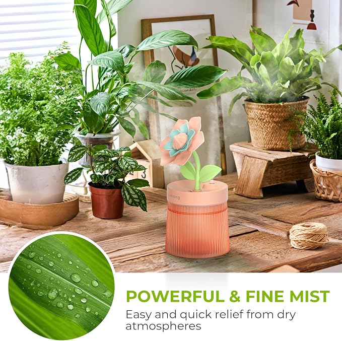 Flower Mini Humidifier, Cute Small Humidifiers, USB Portable Personal Cool Mist Desktop Humidifiers, Cooling for Home Office Car Summer Travel (260ml, Pink Gardenia)