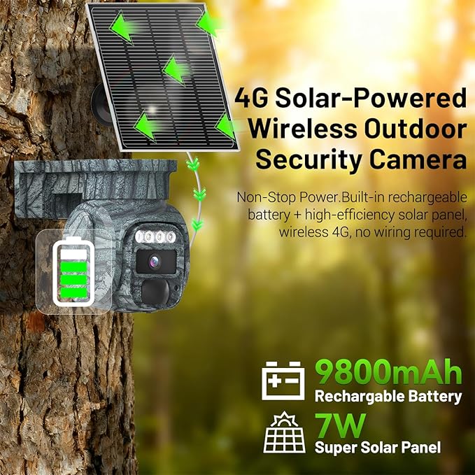 4G LTE Solar Cellular Security Camera Outdoor, Battery Power, No WiFi Wireless Camera with SIM Card Subscription Plan, 2 Way Talk, 355° View, 2K Vision, PIR Motion Sensor, Farm (Camouflage)
