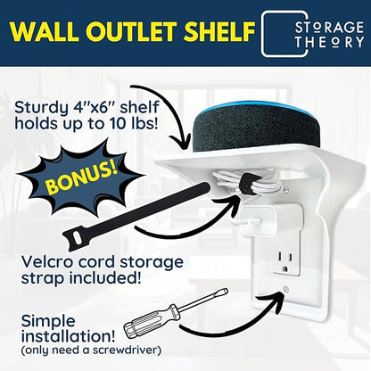 BeraTek Power Perch Wall Outlet Shelf with Cord Storage Strap - Declutter & Reclaim Bathroom Counter Space - Echo Dot Stand, Homepod Mini Wall Mount, Smart Home Devices Organizer - White, 4-Pack