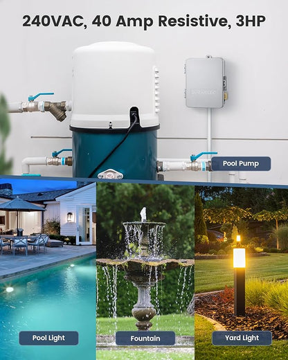 SURAIELEC WiFi Pool Timer, 40 AMP 240V 3HP, Heavy Duty Outdoor Indoor Smart Timer for Pool Pump, Spa, Pool Light, Water Pump, 240 Volt Pool Equipment Controller for Up to 3HP Devices