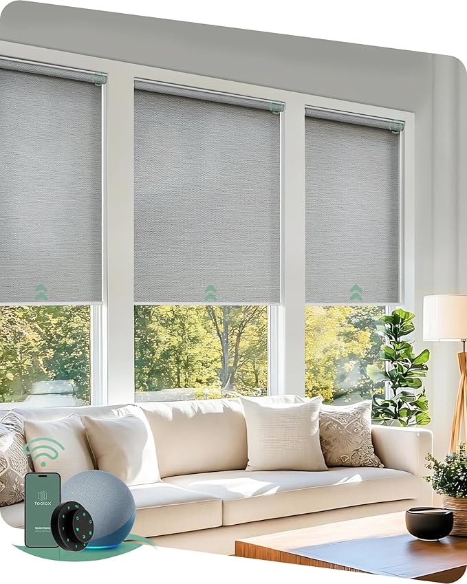 Yoolax Motorized Blinds with Remote, Room Darkening Smart Roller Shades Work with Alexa, Google, Apple Homekit, Custom Automatic Shades with Voice Control for Living Room (Shinny Gray)