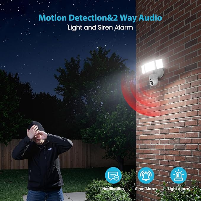 Olafus Floodlight Camera Outdoor，5500LM Motion Sensor Light with Camera，2K HD Home Security Light Wired，Color Night Vision，Two-Way Audio，7/24 Record，Compatible with Alexa/Google （White）