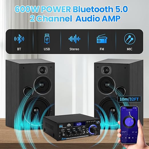 Bluetooth 5.0 Audio Amplifier Receivers-AK45 HiFi Stereo Mini Power Amplifier RMS 40W x 2 Max. 600W 2.0 Channel Home Theater Audio Components Speakers Amp W/MIC,USB, RCA,FM Radio