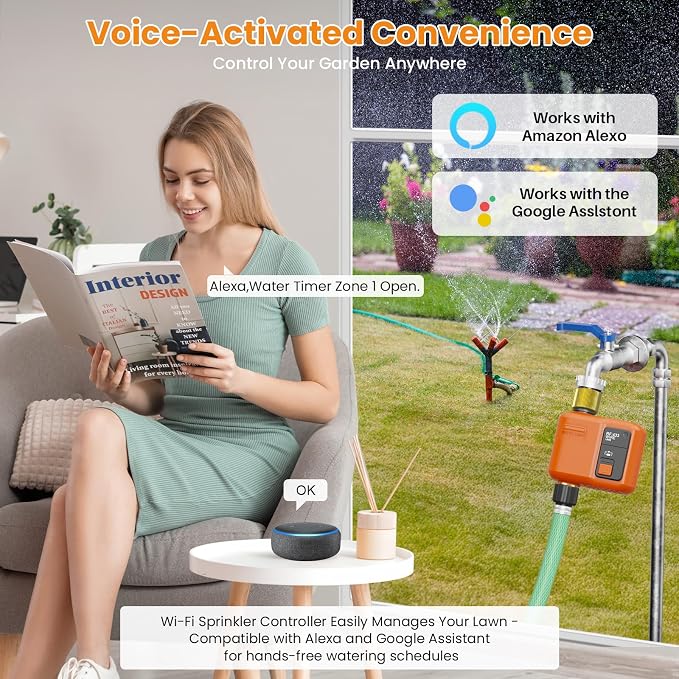 WiFi Water Timer for Garden Hose, Smart Sprinkler Timer with 984ft Long Range, Strong Wall Penetration, APP & Remote Control, Voice Control, Rain Delay, Manual Mode, Watering System