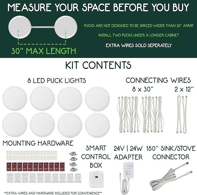 8 Puck Kit - Super Bright Wide Angle Light Spread - Smart Under Cabinet Lighting - 2700K-6500K - 95 CRI - WWA - Works With Alexa, Google, Apple - Matter Certified - Plug-In - Hands-Free Control Box