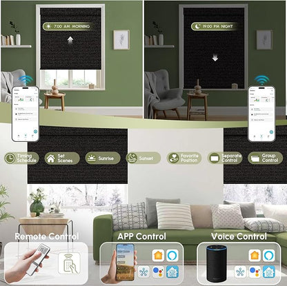 FineTell Motorized Blinds with Remote, 100% Blackout Roller Shades Compatible with Alexa,Apple Homekit,Google Home APP and Voice Control, Customized Electric Blinds (100% Blackout Eclipse Black)