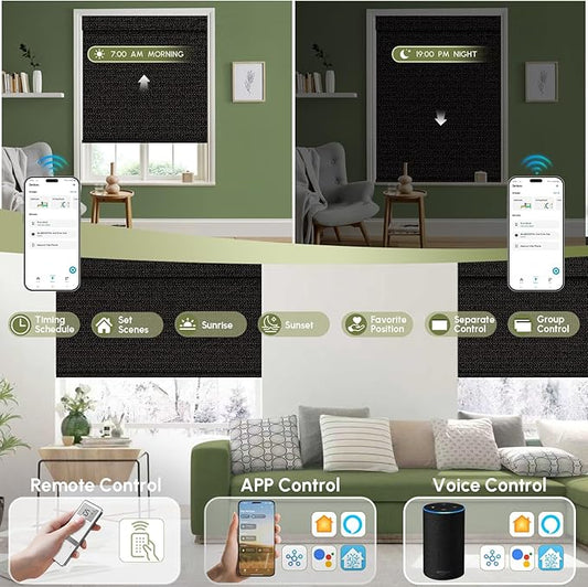 FineTell Motorized Blinds with Remote, 100% Blackout Roller Shades Compatible with Alexa,Apple Homekit,Google Home APP and Voice Control, Customized Electric Blinds (100% Blackout Eclipse Black)
