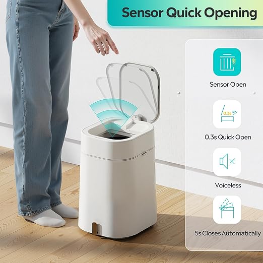 WLIVE 3.2 Gallon / 12 Liter Automatic Bathroom Trash Can, Motion Sensor Bathroom Trash Can with Bag Fixing Ring, Quiet Small Waste Basket for Kitchen, Office, Bedroom, Living Room, White