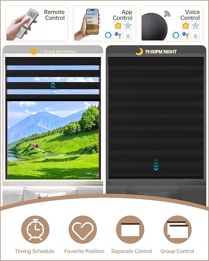 Kincmo Motorized Blinds with Remote, Motorized Zebra Shades Work with Apple Homekit,Alexa,Google Home, Customized Electric Blinds with Remote,App,Voice Control (70% Blackout Galaxy Black)