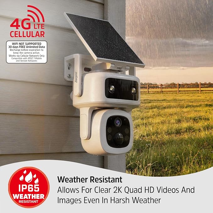 Energizer Smart 4G LTE Cellular Security Camera with Solar Panel, 2K Outdoor Wireless Pan Tilt Camera, No WiFi Required, Rechargeable Battery, Color Night Vision, Motion Detection, White