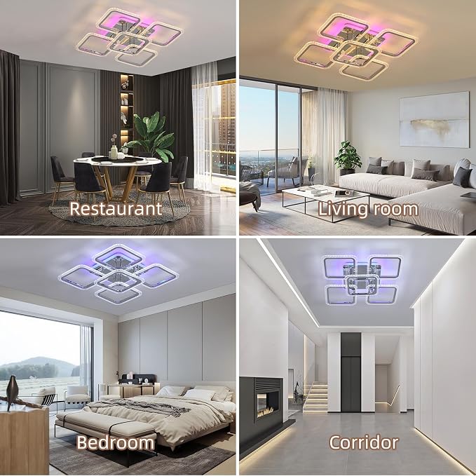 80W Dimmable LED Ceiling Light, 5-Square Flush Mount, Chrome | 4800LM Remote Control Ceiling Light Fixture, 3000K-6000K, 22in Modern Lighting for Living Room Bedroom Kitchen Dining Room