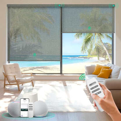 HeyBlinds Motorized Blinds with Remote, Smart Roller Shades with App & Voice Control, Work with Alexa Google HomeKit, Light Filtering Custom Shades for Living Room Office (Sunbeam-Olive Green LF)