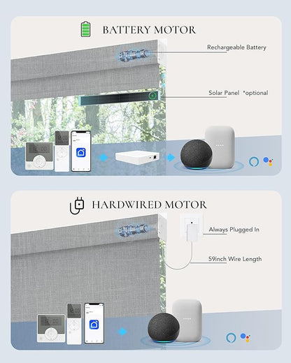 Motorized Blinds Compatible with Alexa Google 100% Blackout Smart Blind Automatic Window Roller Shades Remote Control Custom Size Double-Sided Fabric Light Gray