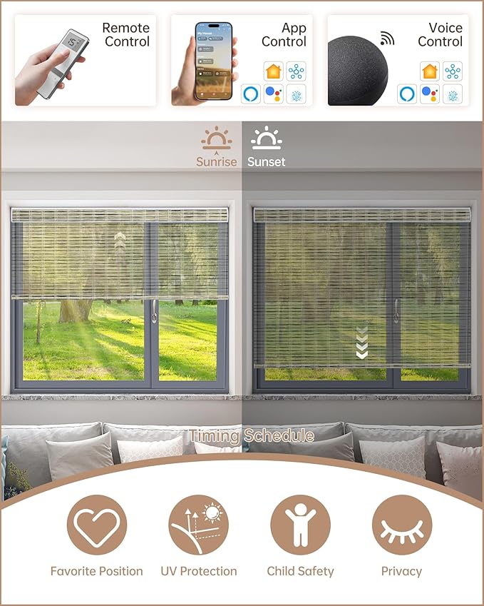 Kincmo Motorized Blinds with Remote, Light Filtering Roller Shades Work with Apple Homekit,Alexa,Google Home, Custom Electric Blinds with App,Voice Control (50% Blackout Woven Deep Green)