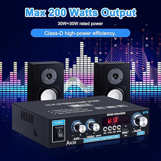 Home Audio Amplifier AK-35 HiFi Bluetooth 5.0 Mini Stereo Power Amp Receivers 2.0 Channel RMS 30W x 2 Max. 200W Output with USB,AUX,FM Radio for Home Theater Speakers System
