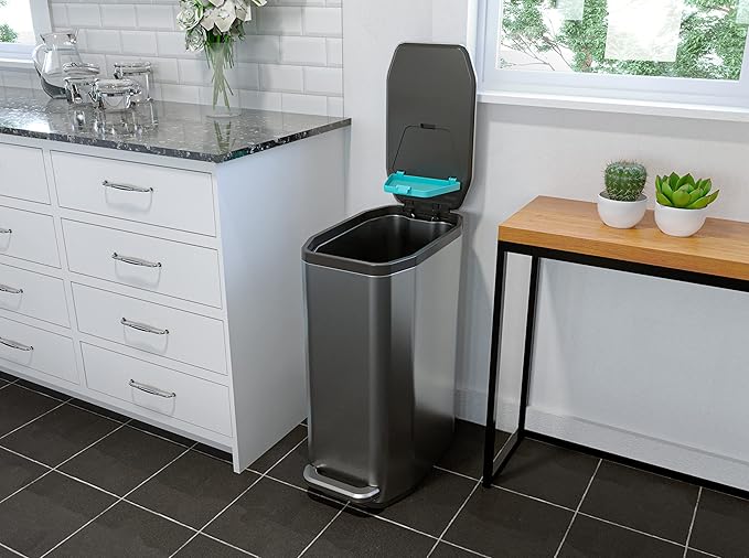 Home Zone Living 13 Gallon Slim Kitchen Trash Can with CleanAura Odor Control, Stainless Steel, Silver, 50 Liters