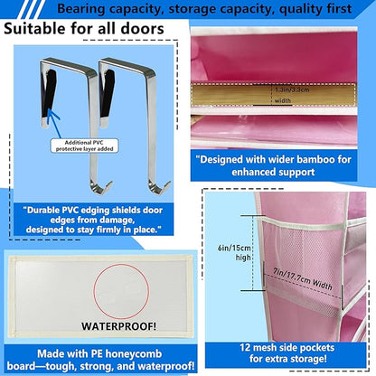over the door organizer, Solid Bamboo Board (Not Plastic!) 6-Tier Heavy Duty 75LB, 12 Side Pockets, 3 Reinforced Hooks & Anti-Slip Pads, Waterproof & Washable, No Sagging, No Door Damage,Pink