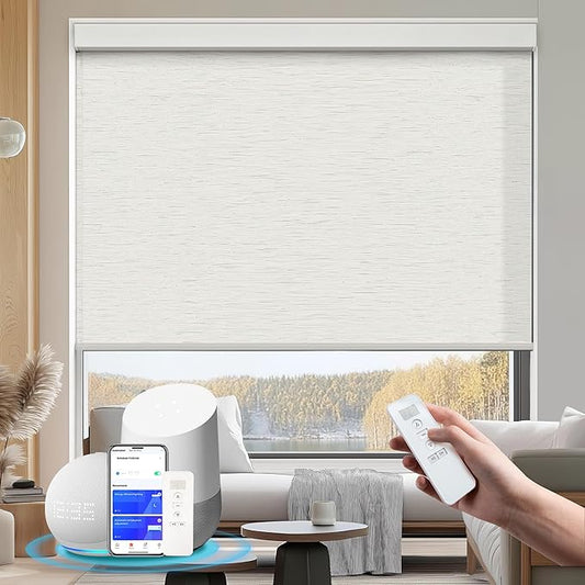 Motorized Blinds with Remote Cordless Automatic Motorized Shades Custom Blinds for Windows Smart Curtains Compatible with Alexa Google Home(Light Filtering Linen Sandy Beach,W58 x H72in)