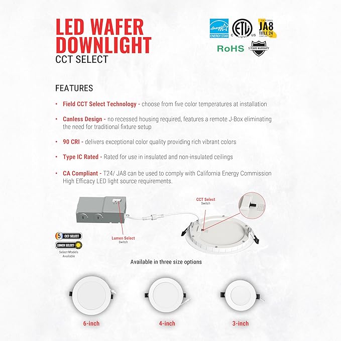 Elevate 3" 7W Slim Canless LED Downlight — Ultra-Thin Recessed Ceiling Fixture, 5CCT Selectable, IC Rated, Dimmable, Wet-Rated — Ideal for Hallways, Closets, Accents, Small Spaces